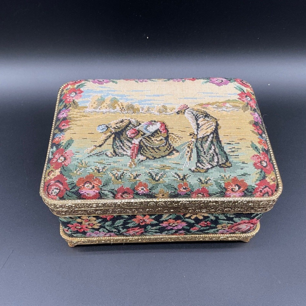 Vintage Tapestry Music Jewelry Box Floral Velvet Lined‎ Trinket Case
